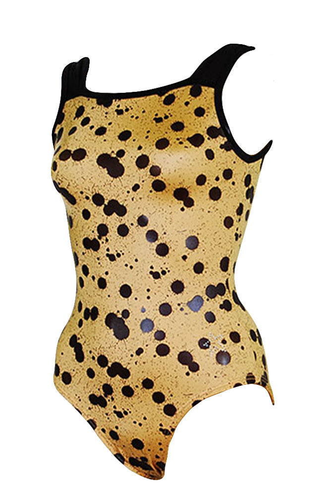 Black Splat on Gold Gymnastic Leotard Square Neck Style  Front
