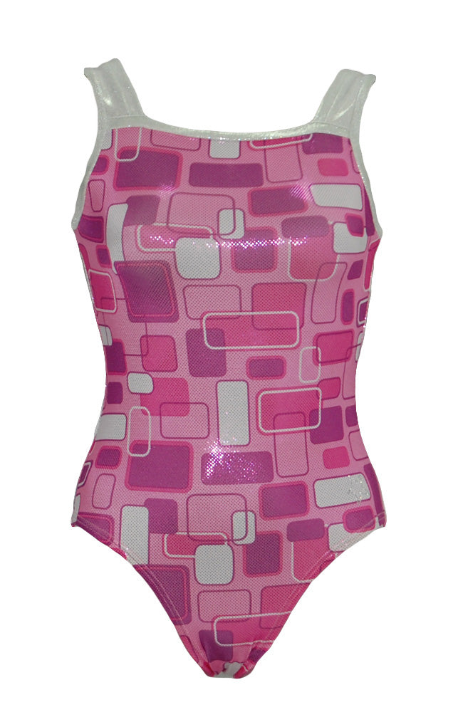 Geo Pink Training Leotard Square Neck Style Front