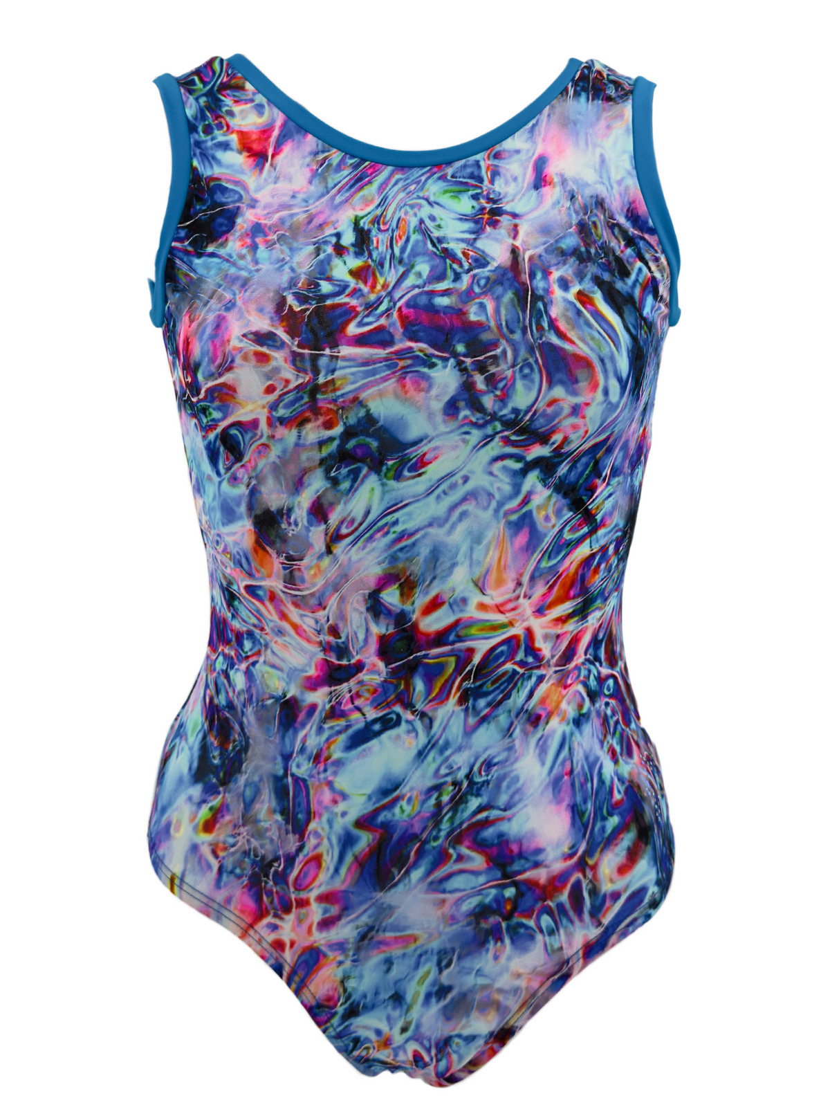 Front view of a multicolored sleeveless leotard with a geometric pattern, in shades of blue, pink, and white.