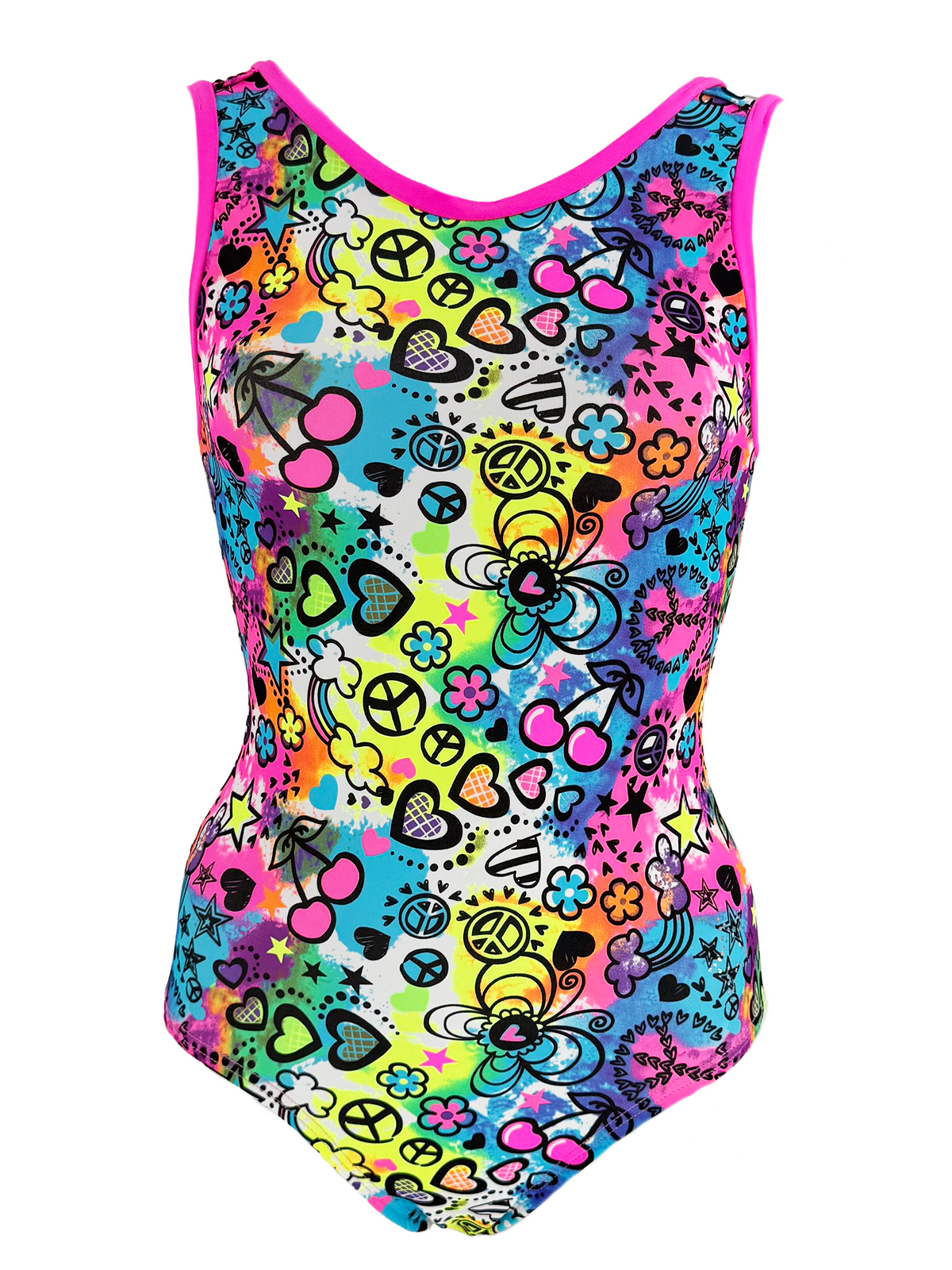Front view of a colorful leotard with peace signs, hearts, and flowers on a white background.