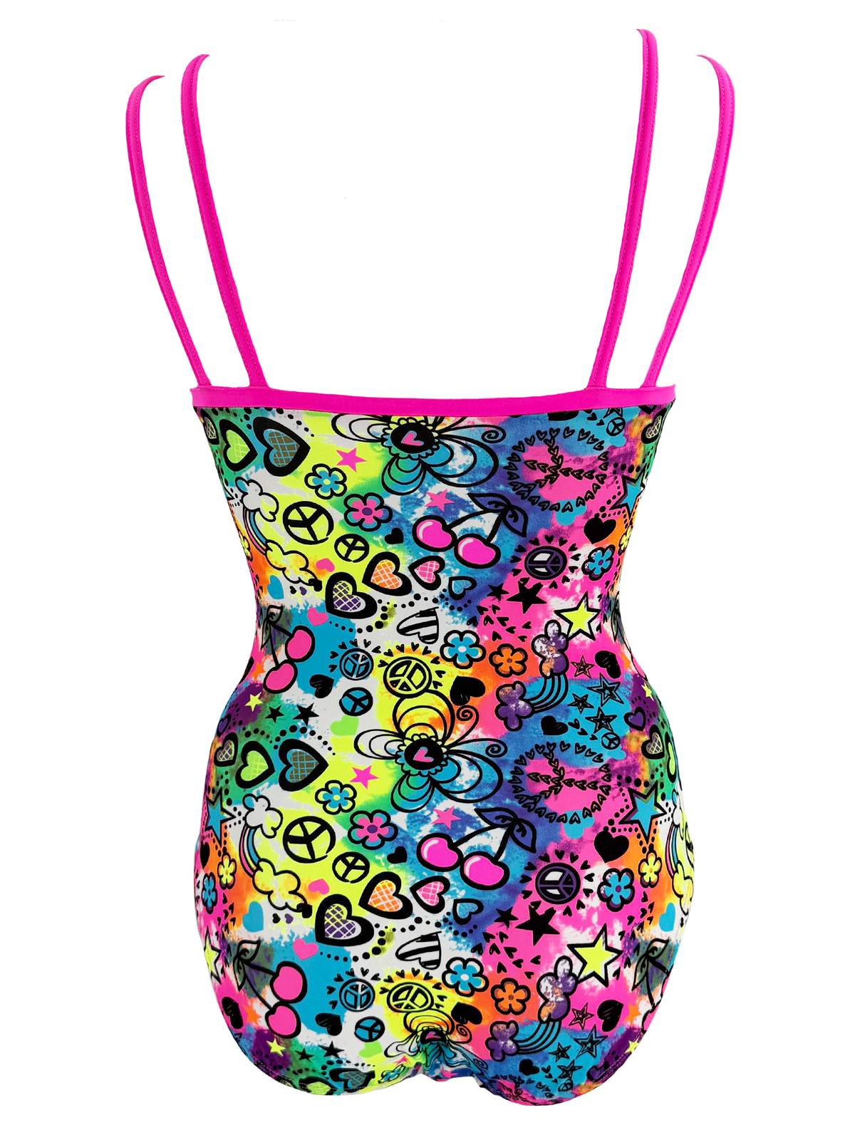 Back view of the double back starp colourful leotard with peace signs, hearts, and flowers on a white background
