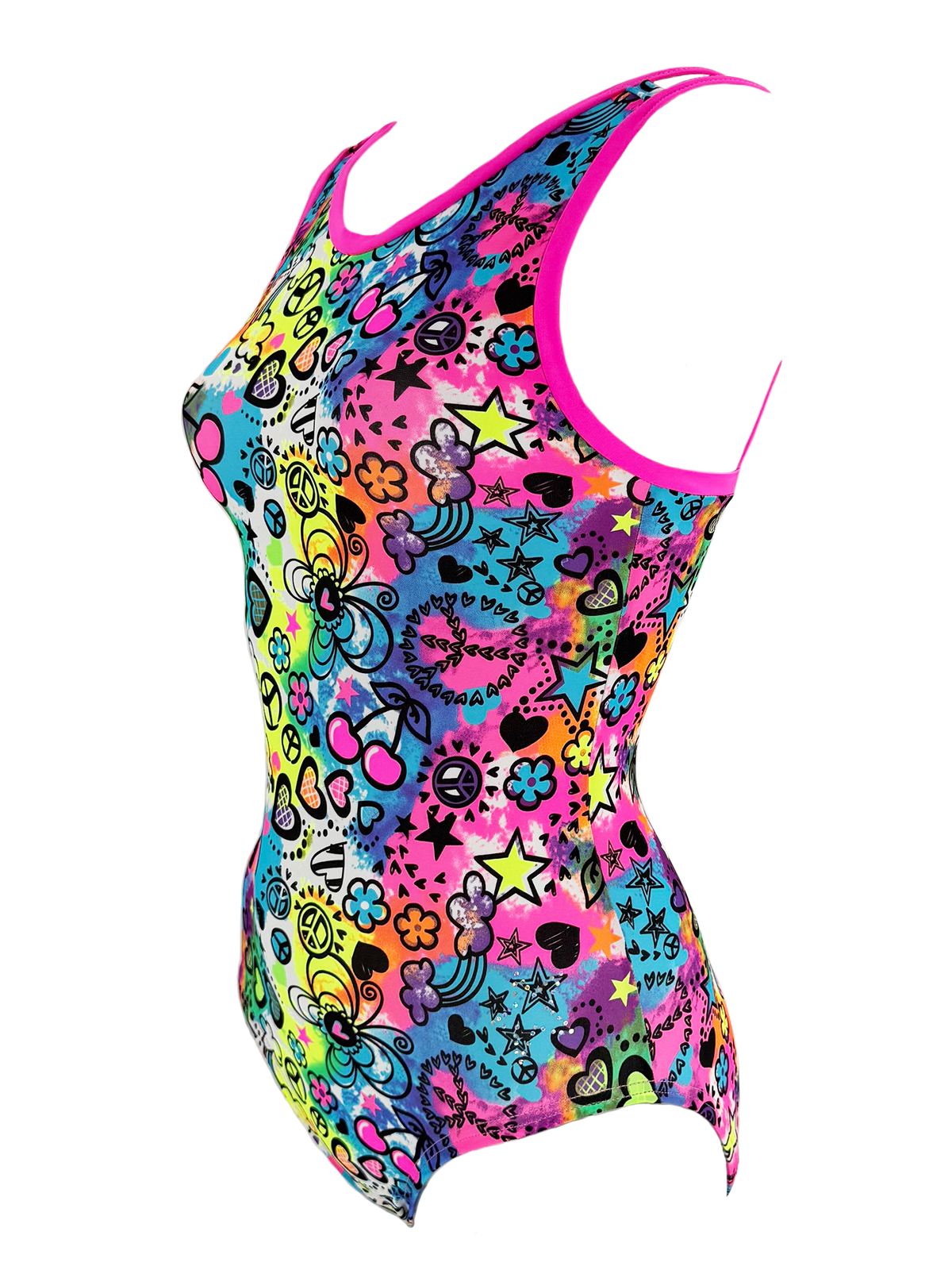 Side view of a colorful leotard with peace signs, hearts, and flowers on a white background.