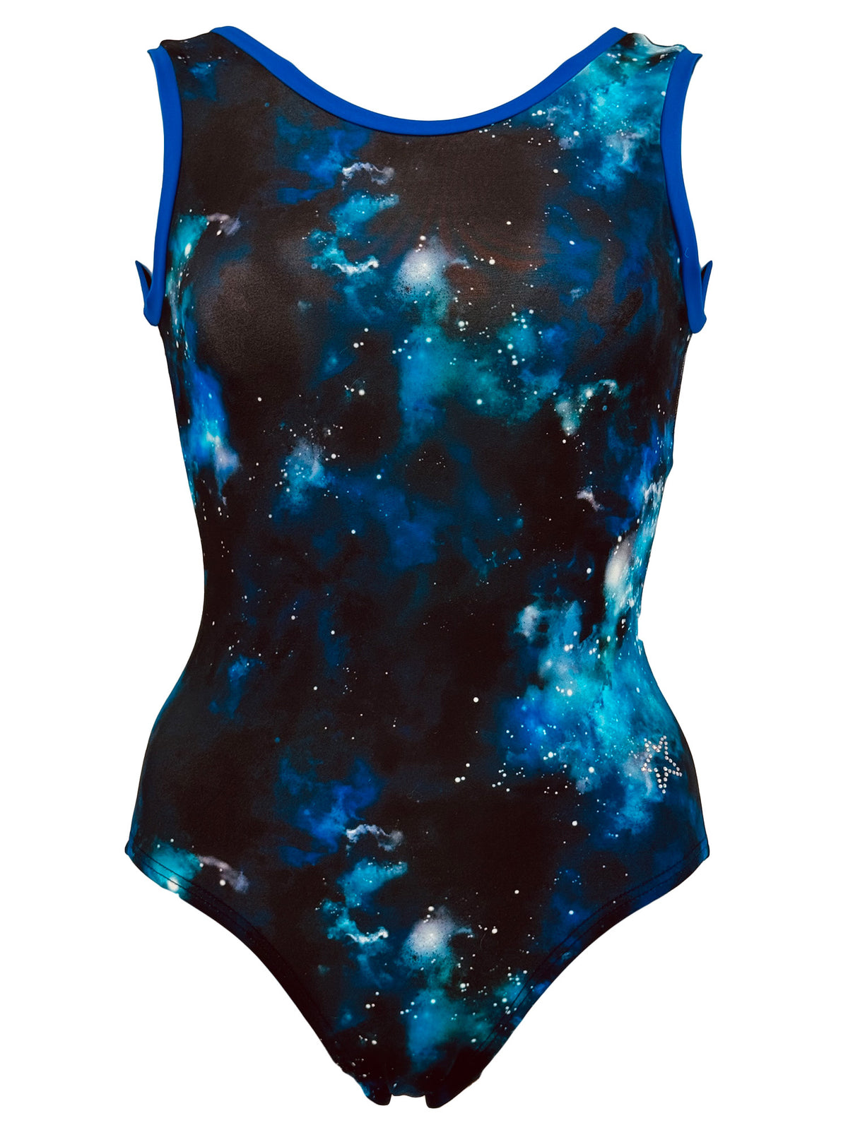 Tank style leotard front view with a image of the galaxy