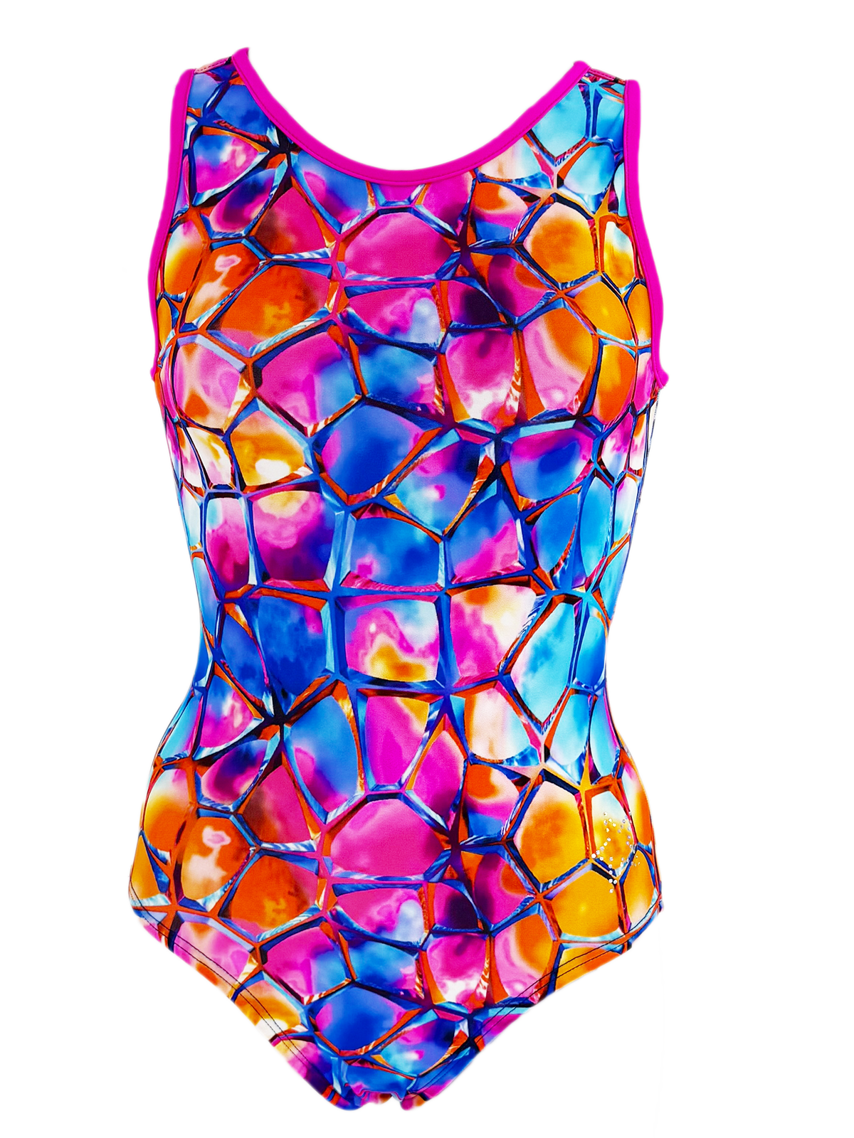 Gone Coastal gymnastics leotard featuring vibrant blue, pink, and orange mosaic pattern with a classic sleeveless front design.