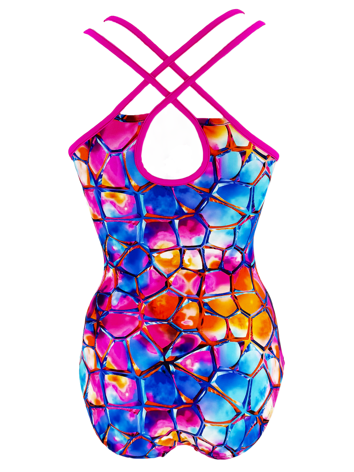 Back view of Gone Coastal gymnastics leotard with colourful coastal-inspired print and stylish criss-cross strap design.