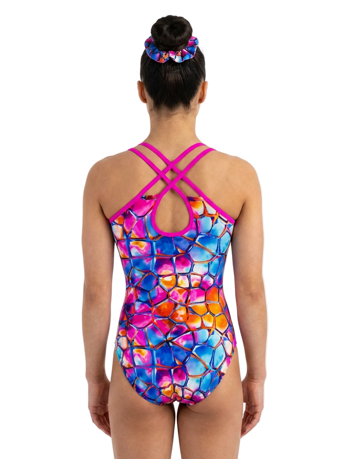 Back view of a colorful leotard with a geometric pattern on a white background