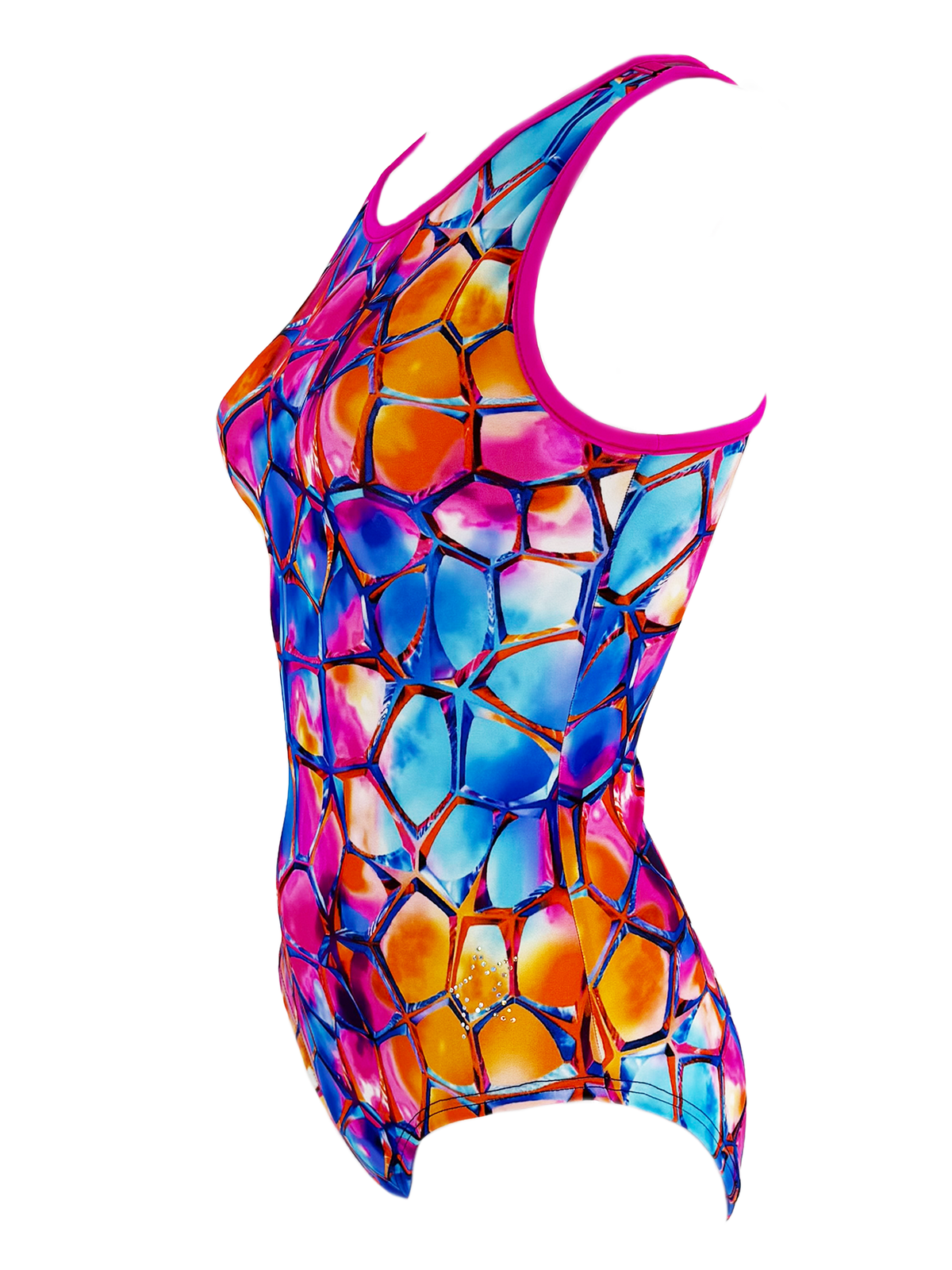 Side view of Gone Coastal gymnastics leotard with colourful coastal-inspired print and stylish criss-cross strap design.