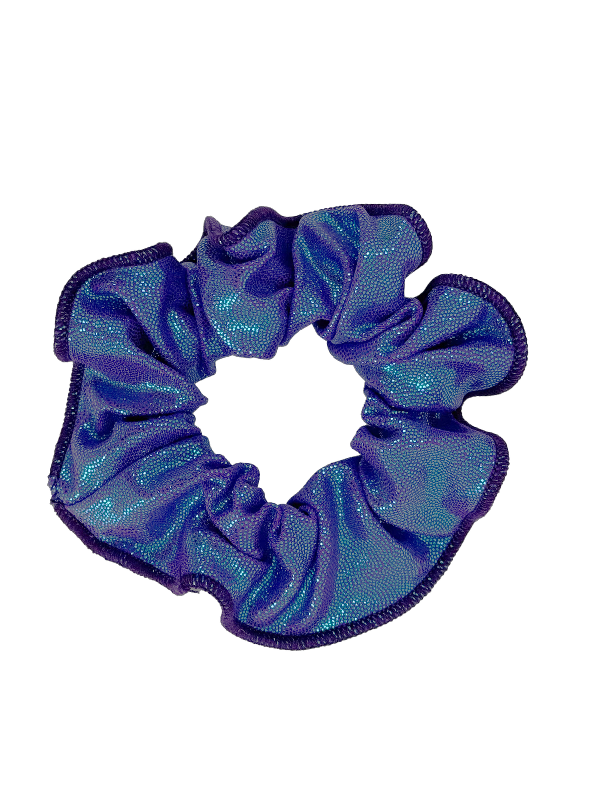 Iridescent Purple Scrunchie of white background.