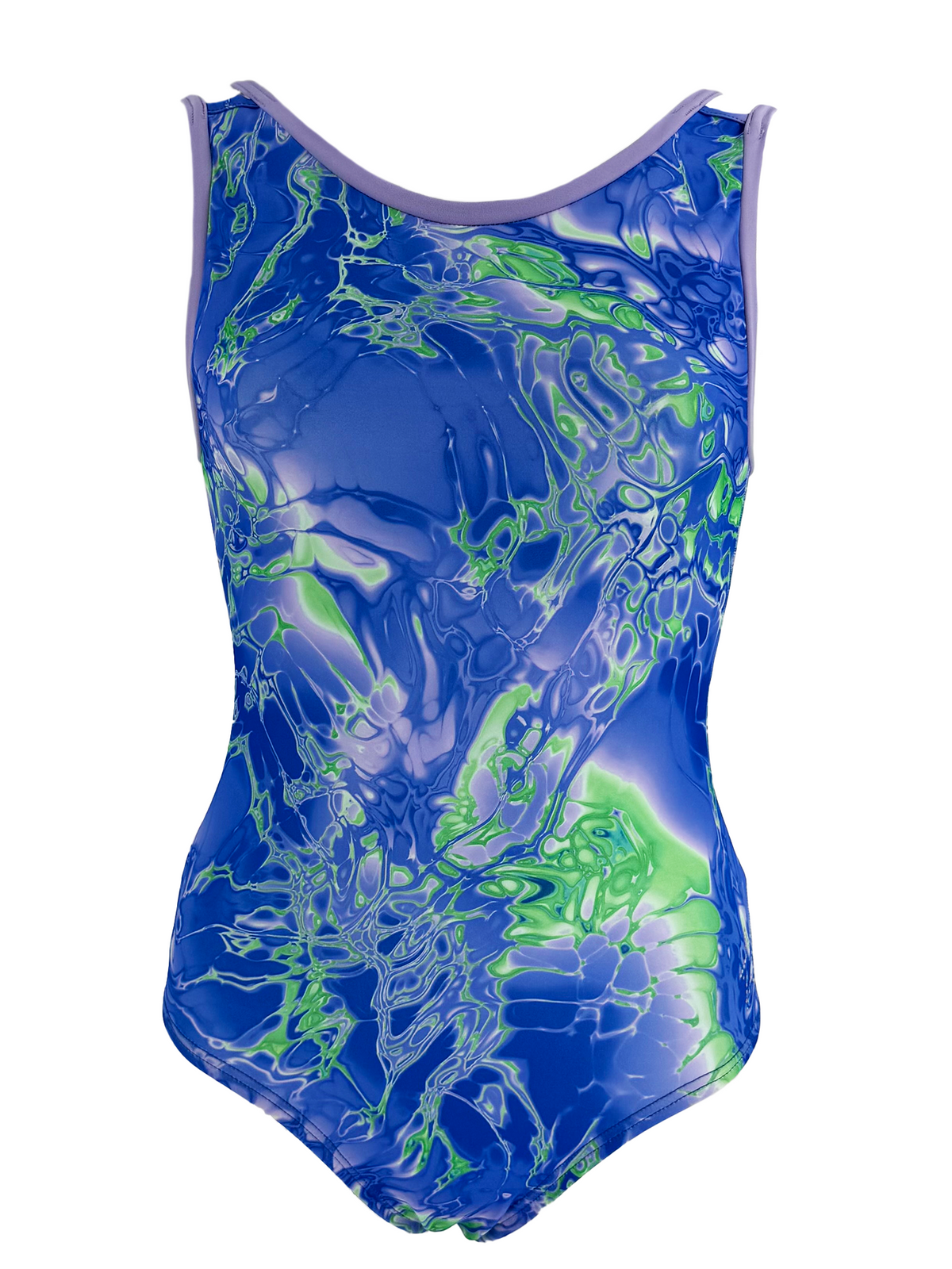 A vibrant blue leotard with lavender and green marbled patterns on a white background. 