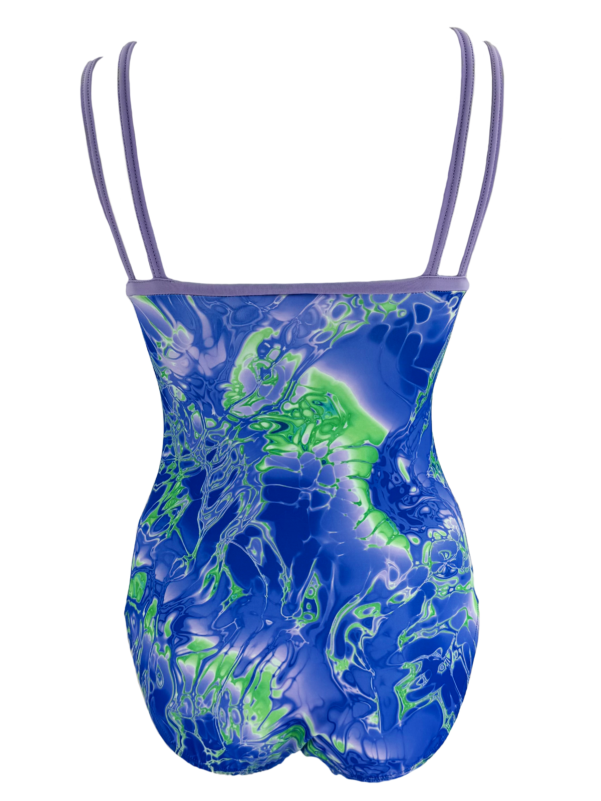 Back view of the Double back strapped leotard in a vibrant blue with lavender and green marbled patterns on a white background.