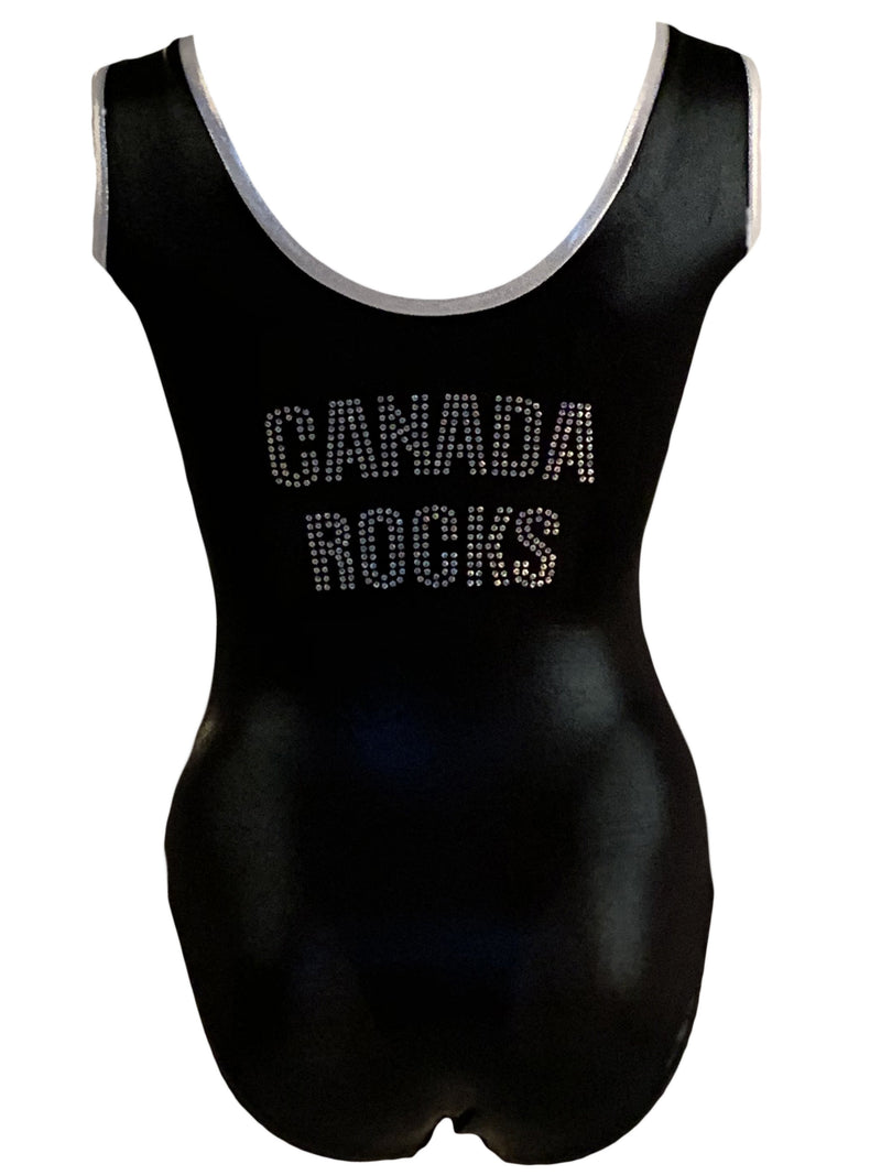 Black leotard with sequins Canada Rocks in block lettering on back