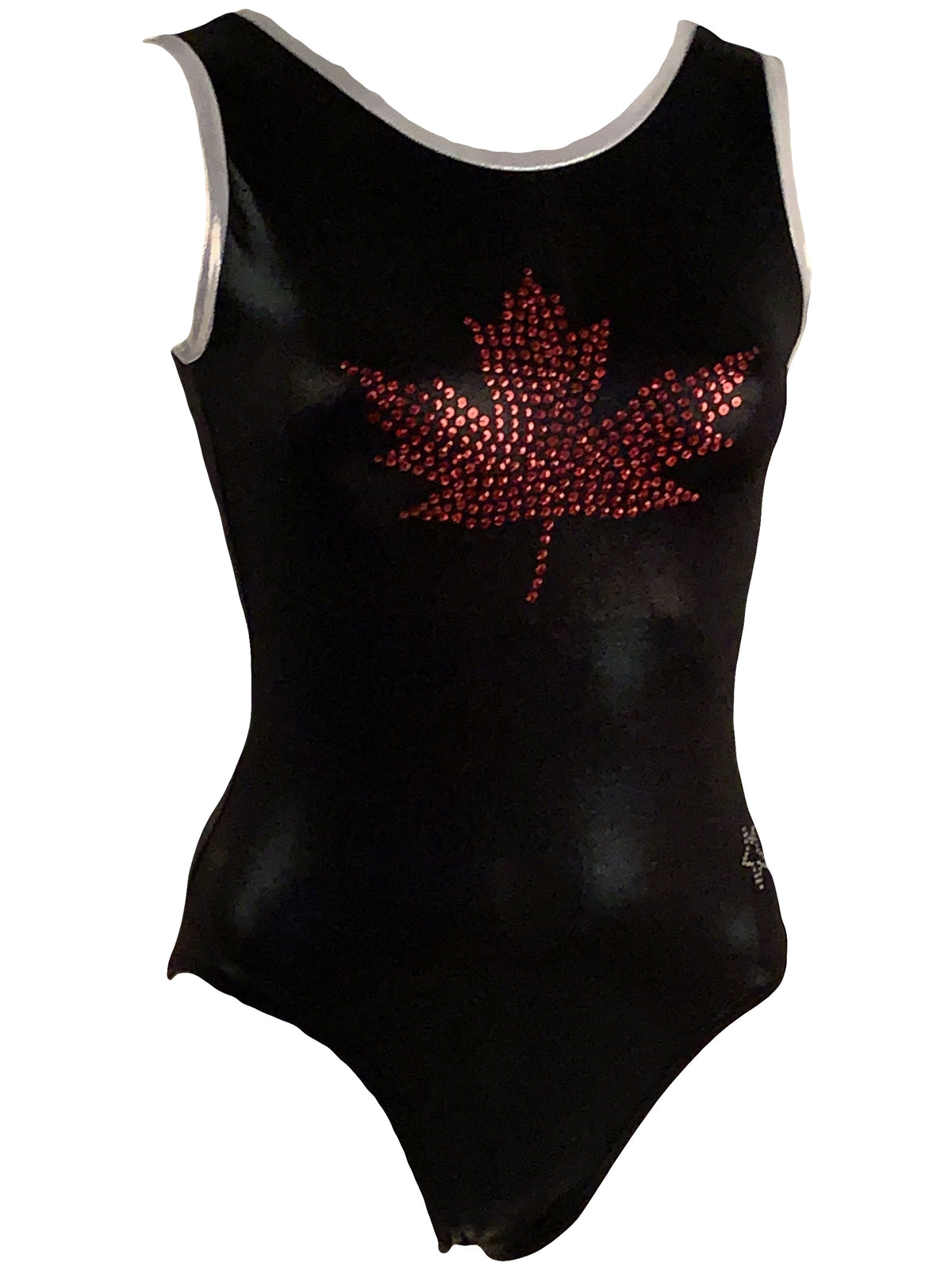 Black leotard with red maple leaf  in sequins on front upper chest