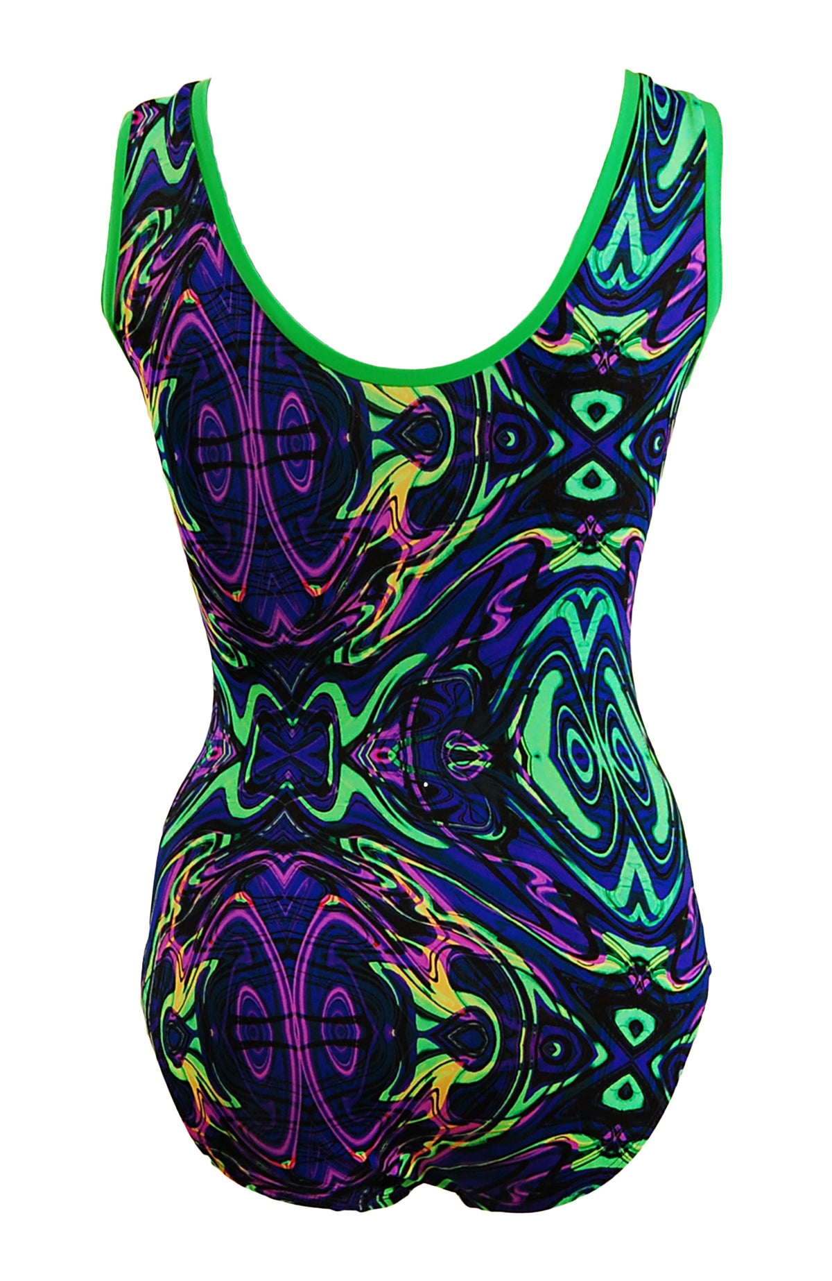 Back view of Tank style leotard purple/black/pink/lime