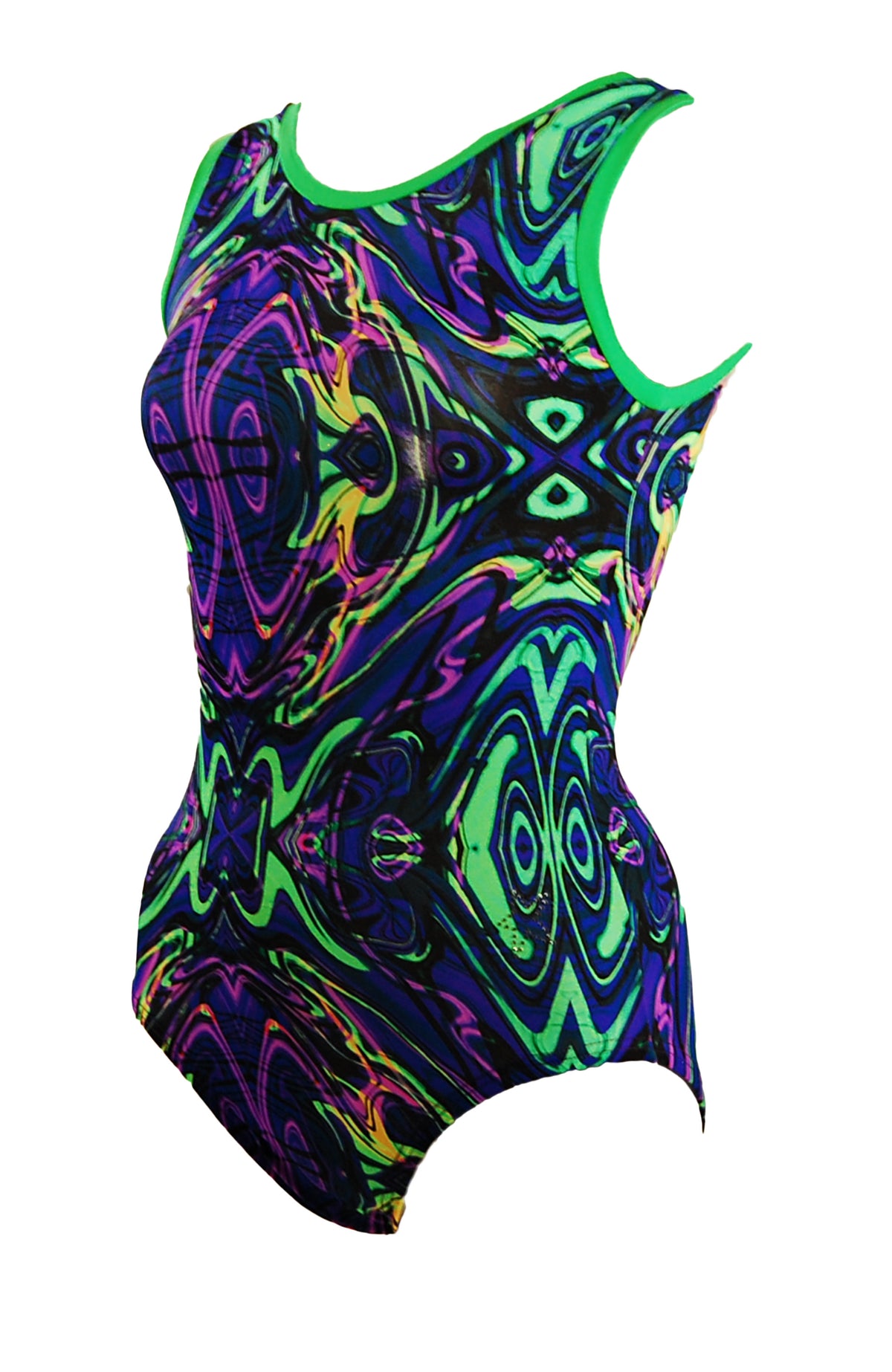 Side view of Tank style leotard purple/black/pink/lime