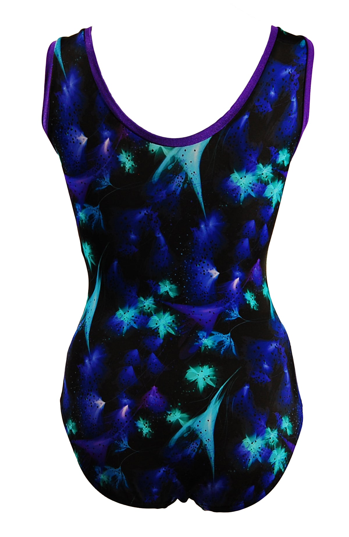 Back view of tank style leotard black/purple/turquoise 