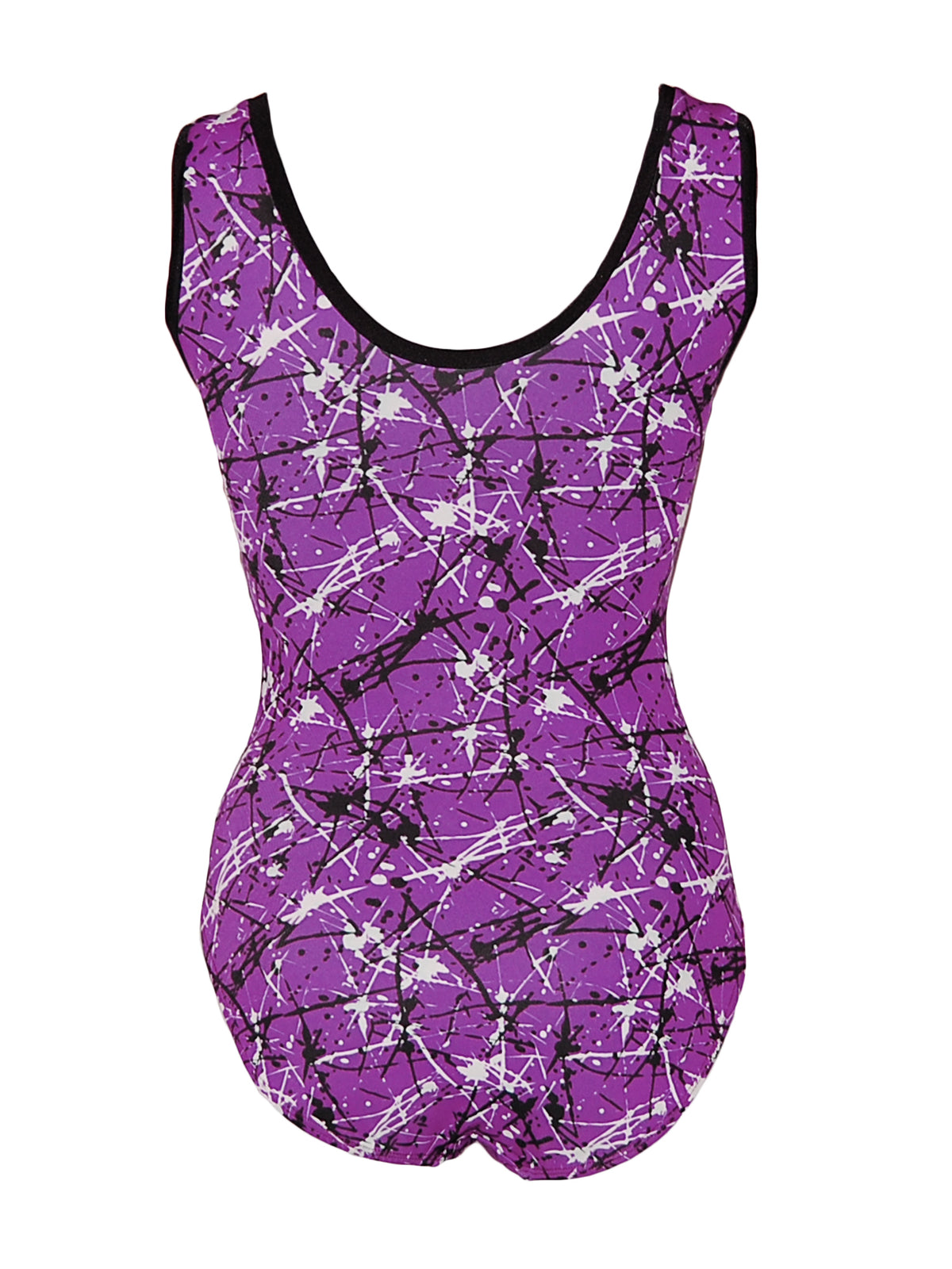 Back image of a purple sleeveless gymnastics leotard with an abstract black and white paint splatter pattern on a vibrant purple background, displayed on a white background.