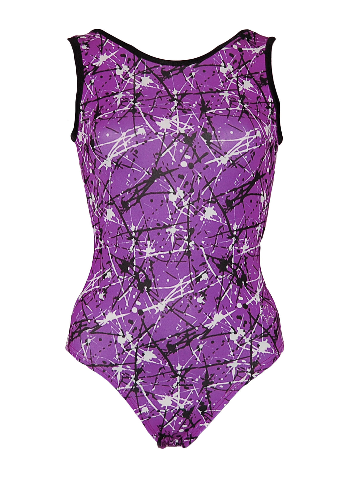 Front image of a purple sleeveless gymnastics leotard with an abstract black and white paint splatter pattern on a vibrant purple background, displayed on a white background.